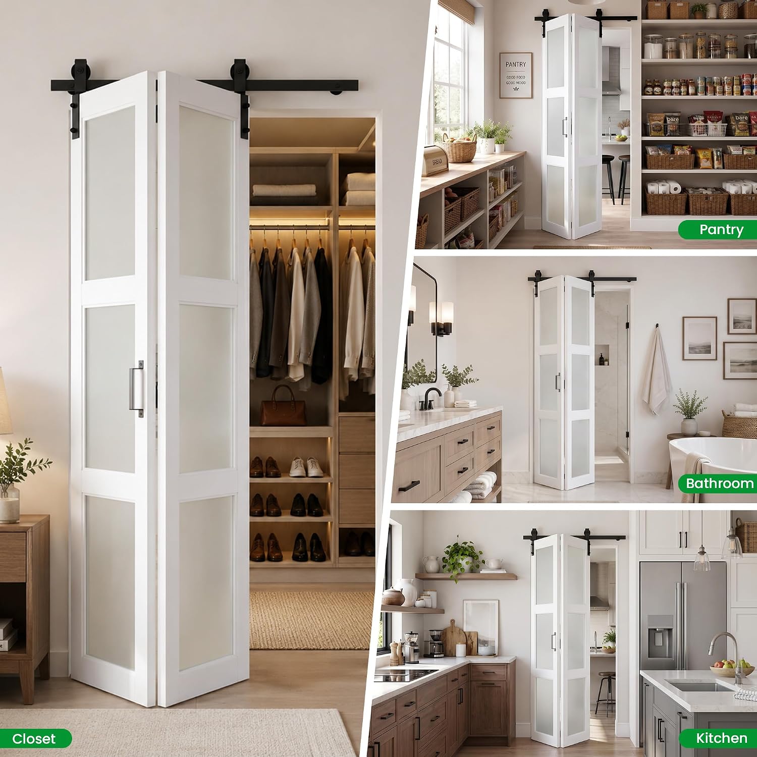 SMARTSTANDARD 24" x 84" Bifold Sliding Barn Door (Double 12"), 3-Lite Frosted Glass Panels, white.