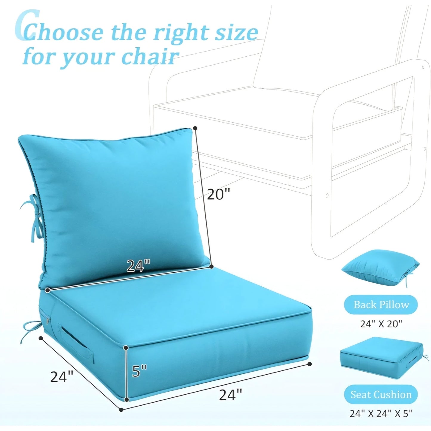 Outdoor Patio Chair Cushions Set 24 L X 24 W X 5 H Waterproof & Fade Resistant Deep Seat and Back