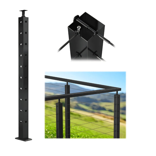 Muzata Black Corner Cable Railing Post 36 Inch 36"x2"x2" T-drilled One-Post Corner Solution Surface