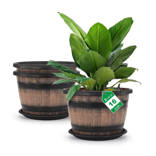 Quarut Large Plastic 3 Pack16 inch Plant Pots,Whiskey Barrel