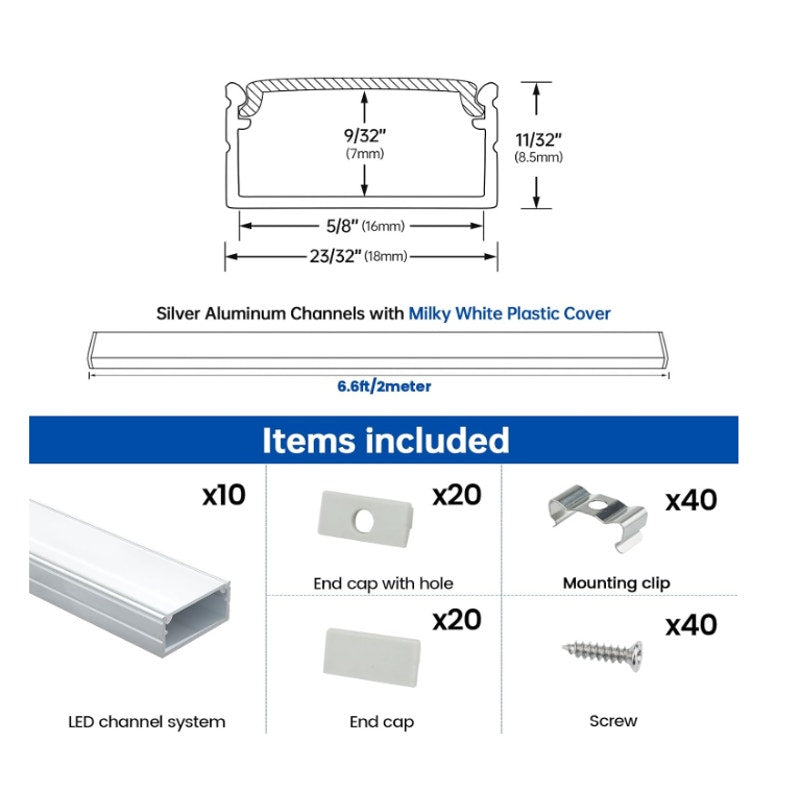 10Pack 3.3FT Wider Silver LED Strip Channel with Milky Diffuser U102 18x8.5mm Wide LED Channel