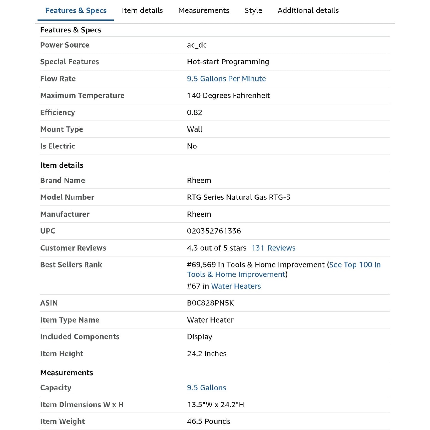 Rheem RTG-95DVLN-3 High Efficiency Non-Condensing Indoor Tankless Natural Gas Water Heater