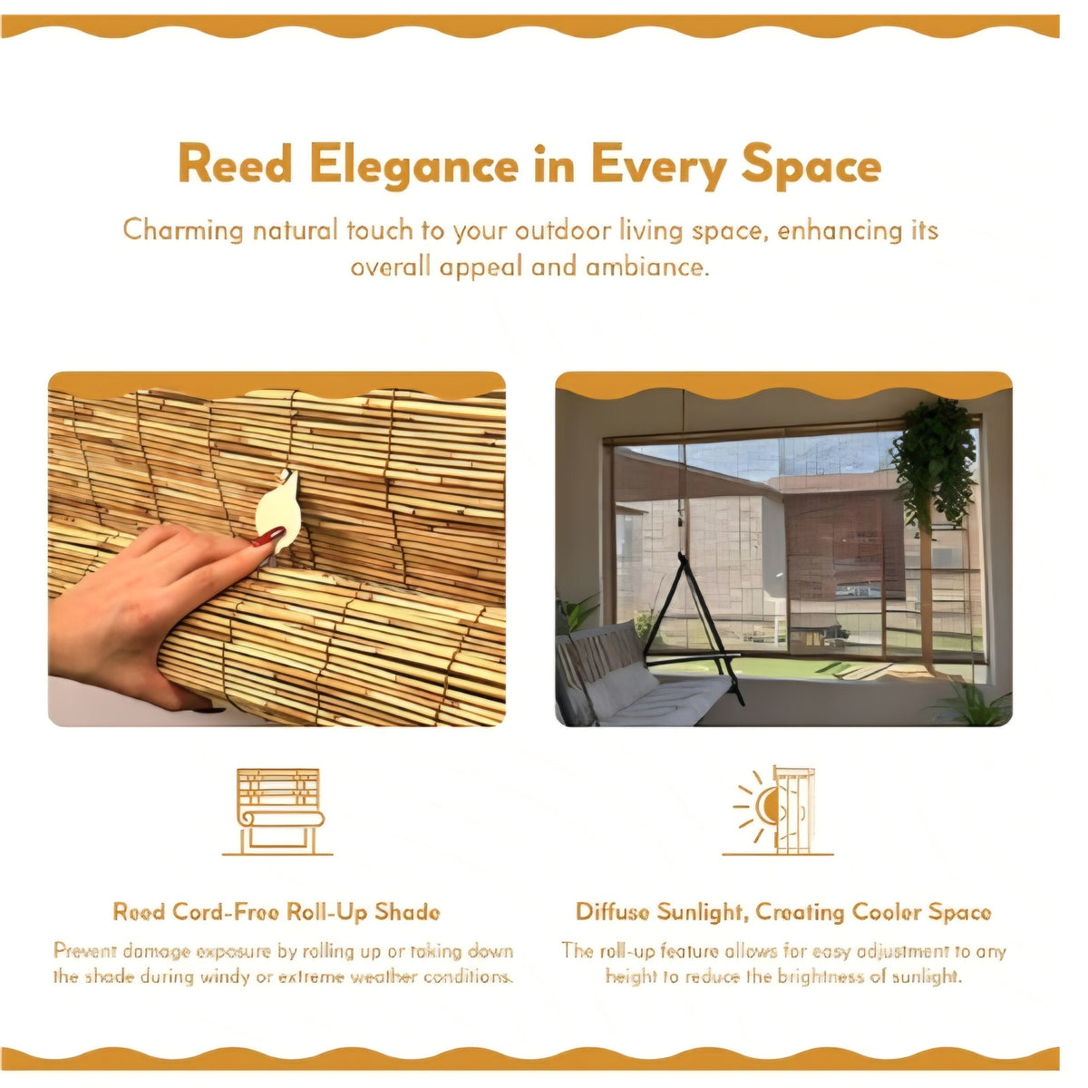 Radiance Cordless Bamboo Blinds - Waterproof Roller Shades for Porch, Patio & Interior Windows