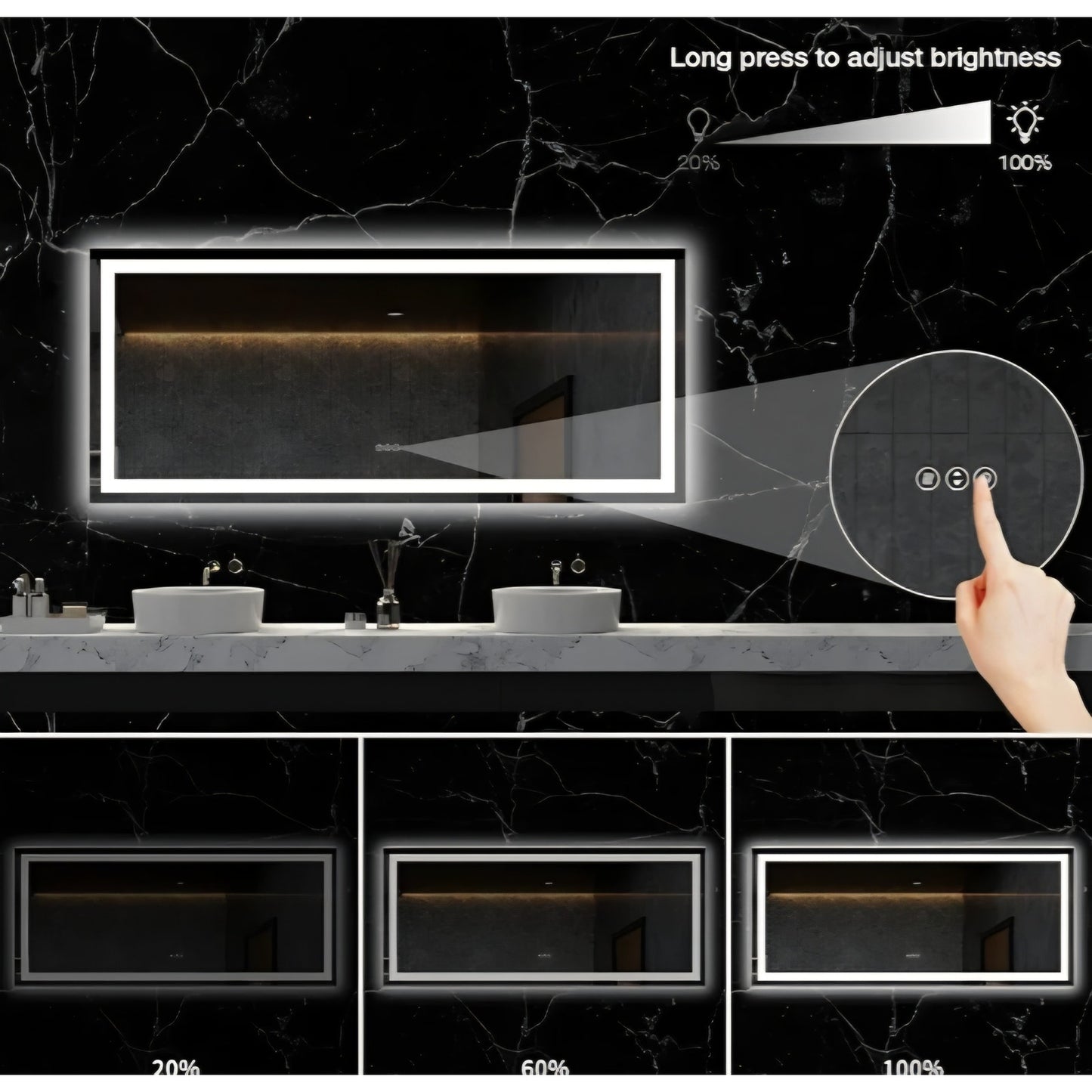 60X28 LED Bathroom Mirror with Lights, Anti-Fog, Dimmable, Backlit + Front Lit