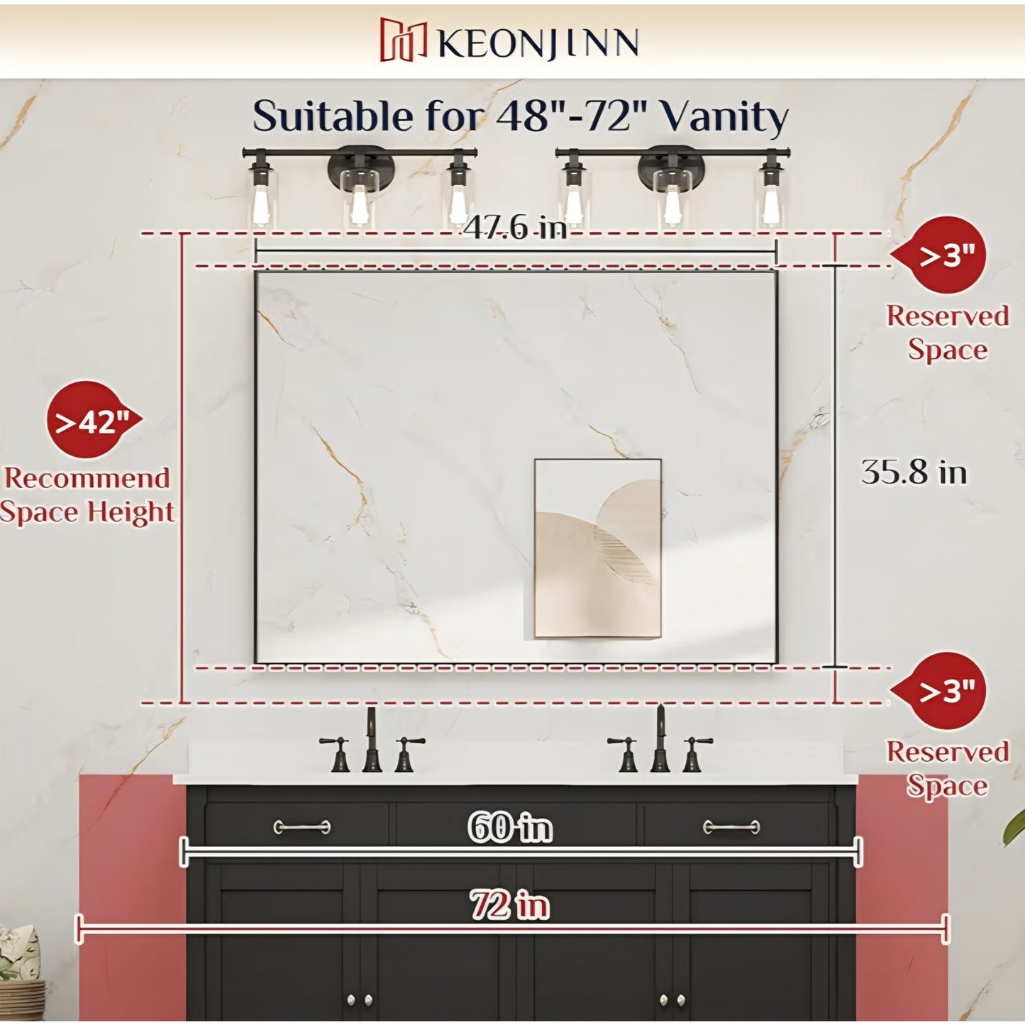 Keonjinn 48 x 36 Inch Silver Bathroom Mirror for Over Sink Large Rectangle Wall Mirror