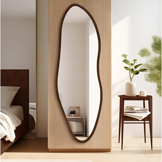 Irregular Full Length Mirror, 65"x22" Wood Full Body Mirror Walnut