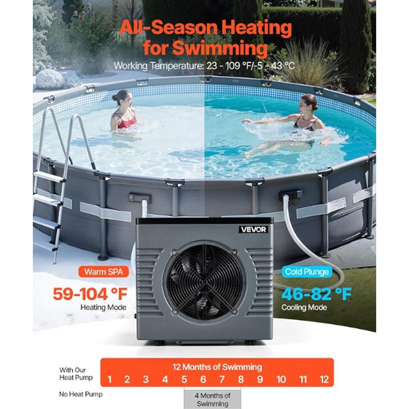 VEVOR 14710 BTU Heat Pump for Above Ground Pool Electric Pool Heater with Heati & Cooling Dual Mode