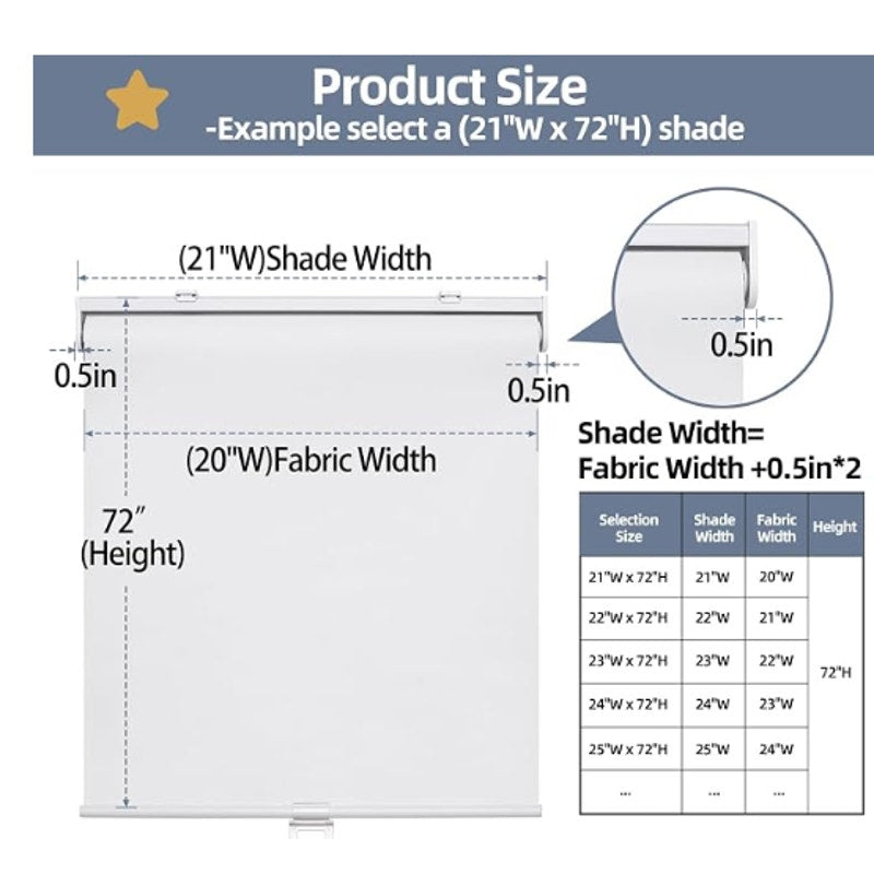 57" W x 72" H SHADEMOON Blackout Cordless Roller Shades for Window,,White
