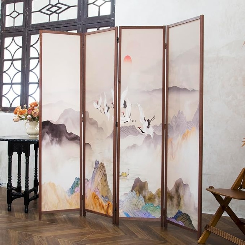 Furnnylane 4 Panel Room Divider, Double-Sided Folding Privacy,Landscape 67" H x 63" W - 5.6 ft Tall