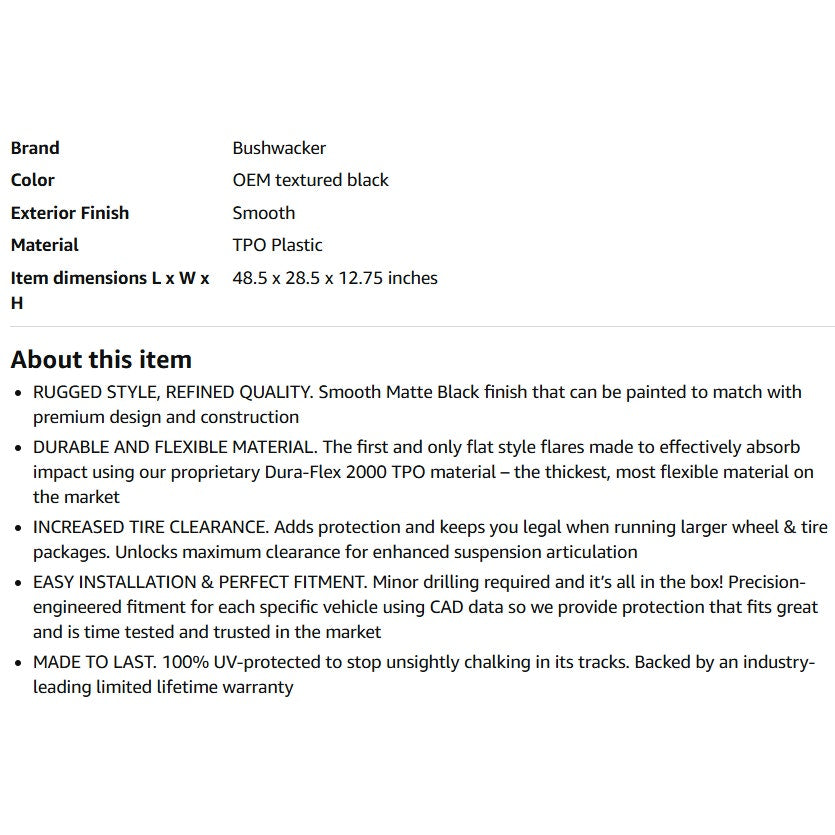 Bushwacker Jeep Flat Style Front & Rear Fender Flares, 4-Piece Set, Black, Fits 2007-2018 Wrangler