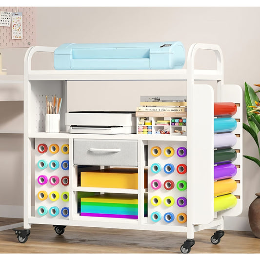 Craft Organization and Storage Cart with Wheels, Vinyl Roll Holder & Hook Up