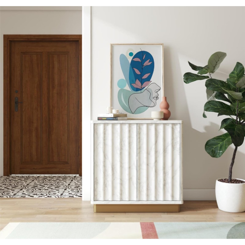 CosmoLiving by Cosmopolitan Rene Scalloped Accent Cabinet, White Faux Marble and Golden Bronze