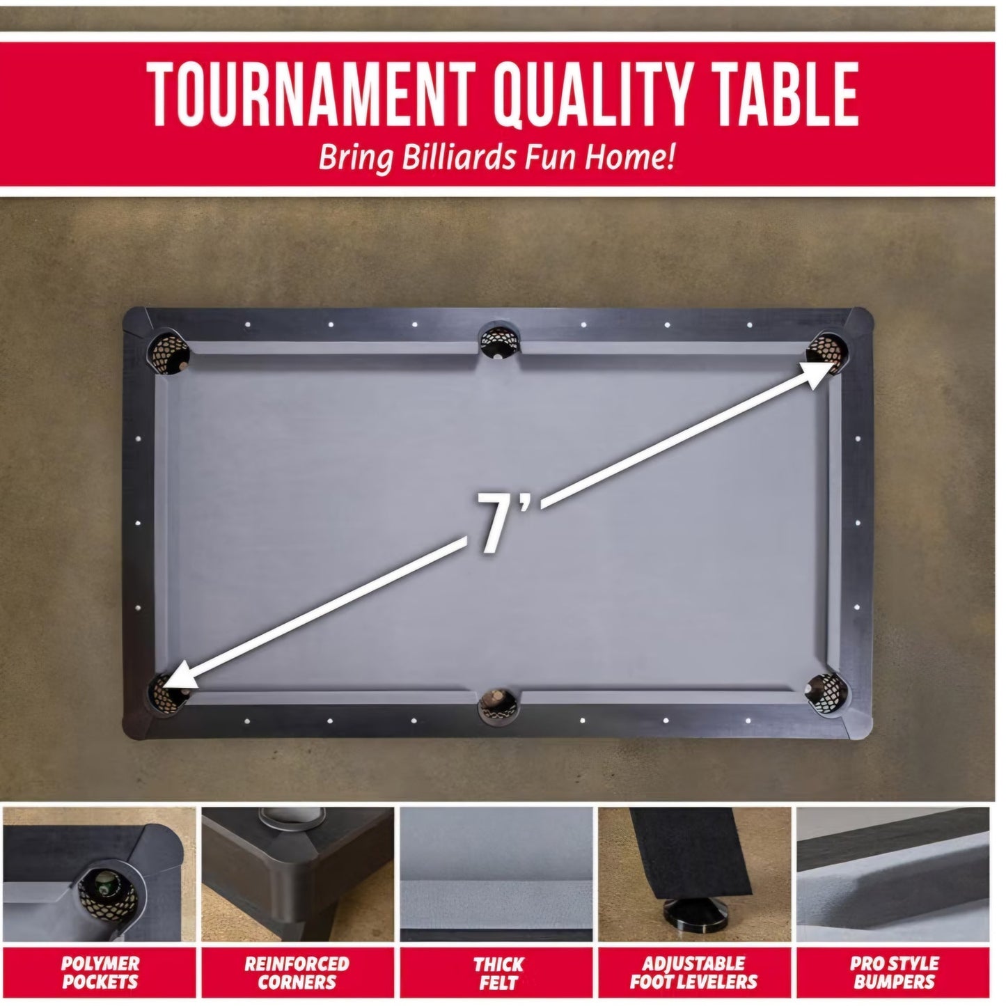 7 and 8 ft Pool Tables with Wood Finish - Gray, Black, or Green Felt Billiards Game Room Table