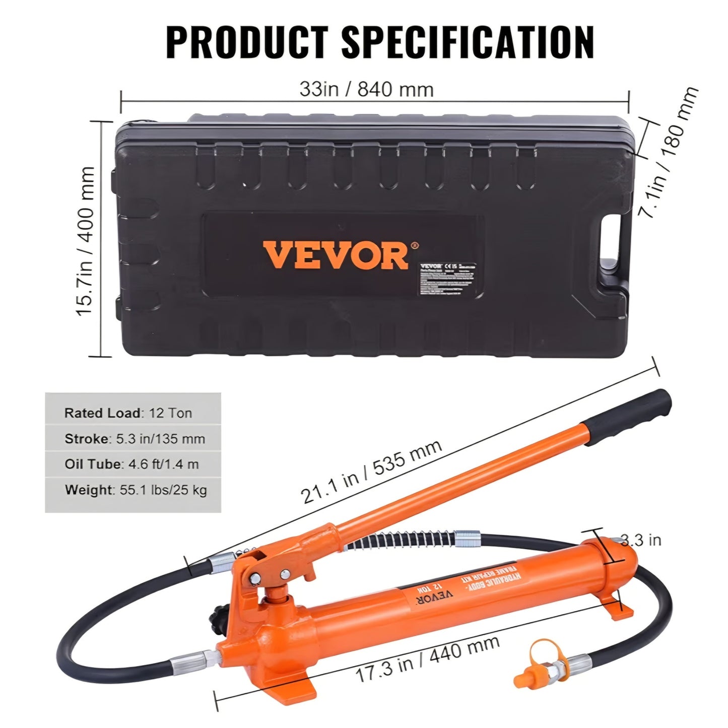 12 Ton Porta Power Kit, Hydraulic Ram with Pump with 4.6 ft/1.4 m Oil Hose