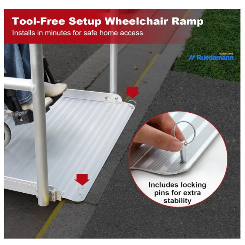 Ruedamann 36" Wide Aluminum Wheelchair Ramp with Handrails, Non-Slip Extra-Wide Platform