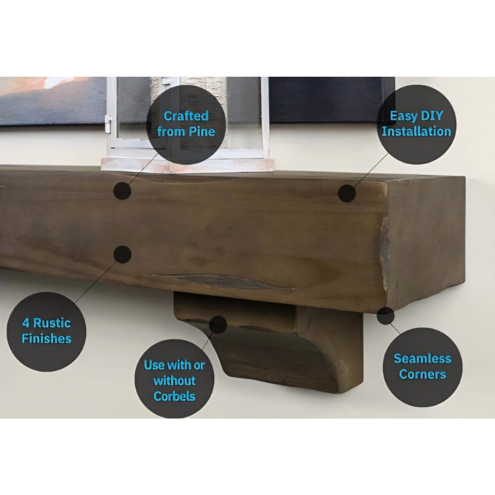 Breckenridge 60” Fireplace Mantel Shelf with Corbels – Rustic Floating Mantel Shelf for Over Firepl