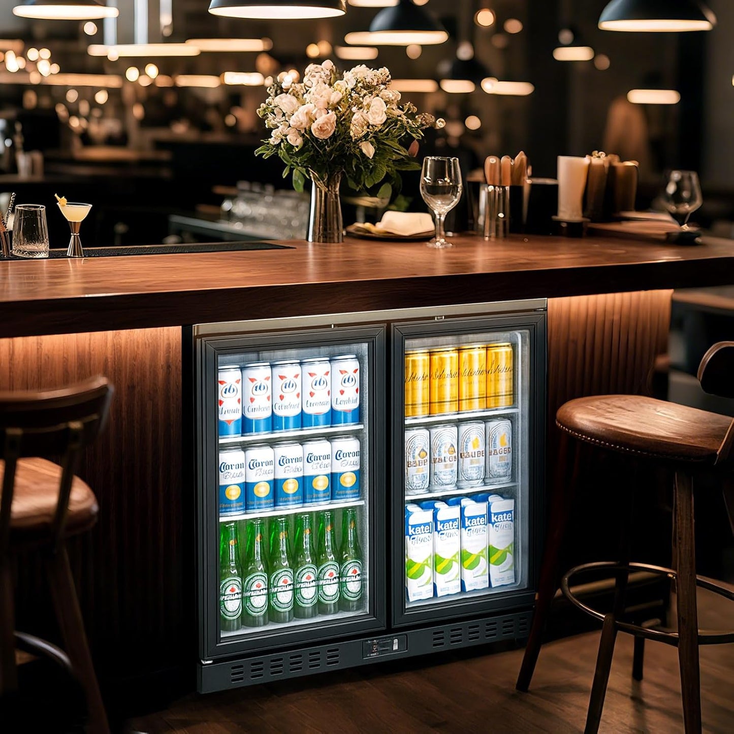 Back Bar Cooler with 2 Glass Doors Commercial Under Counter Beverage Refrigerator 7.4 Cu.ft. Black