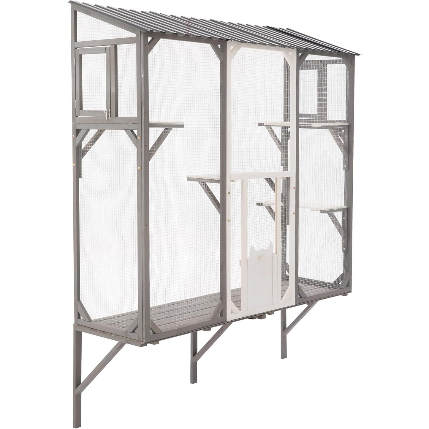 Window Mounted Cat Enclosure Outdoor Catio with 4 Platforms, Wooden, Wire Mesh, Grey & White