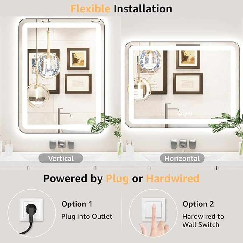 60" x 40" LED Bathroom Mirror with Backlit & Frontlit, Dimmable 3-Color Lights, Black Frame