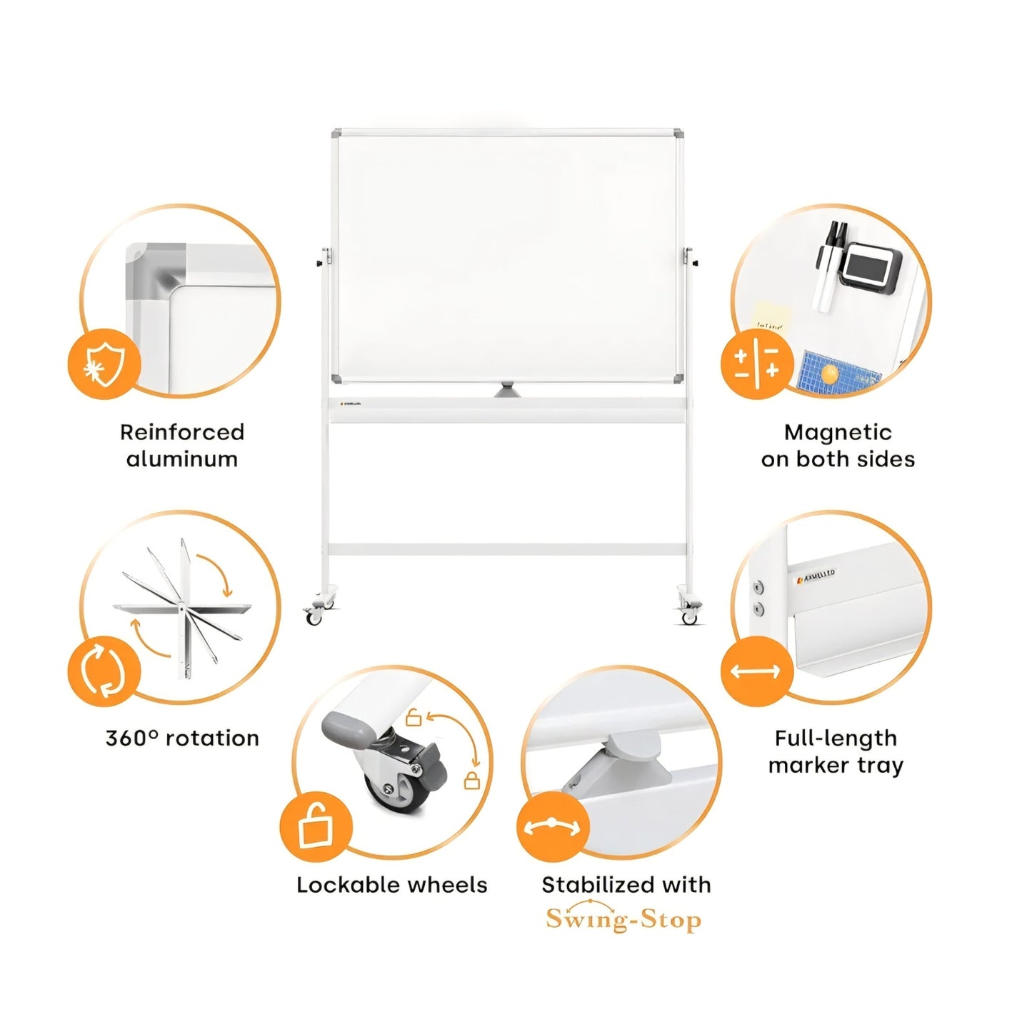 Rolling Dry Erase Board 48 x 36 - Large Portable Magnetic Whiteboard with Stand - Double Sided Ease