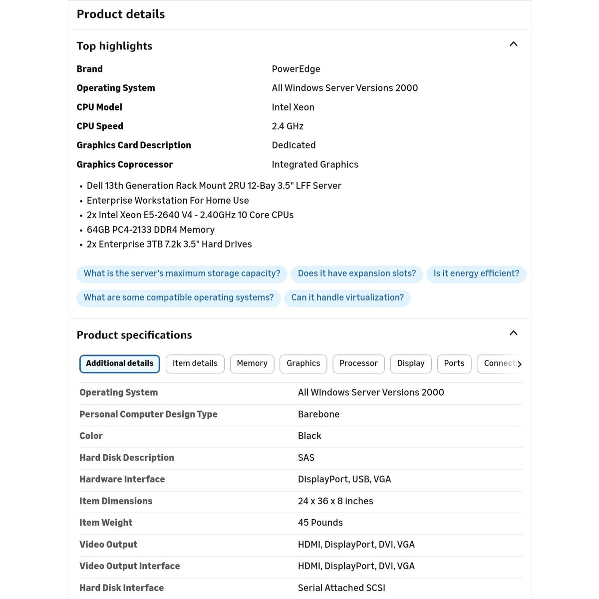 PowerEdge Dell PowerEdge R730XD Server | 2X E5-2640 v4 = 20 Cores | 64GB RAM | 2X 3TB HDD Renewed