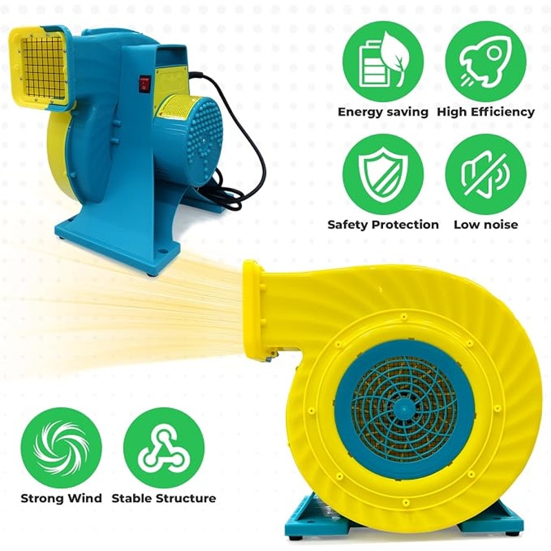 Bounce House Blower High Power Inflatable Air Blower, IPX4 Waterproof, 110-120V, 6 Stakes-1HP 750W