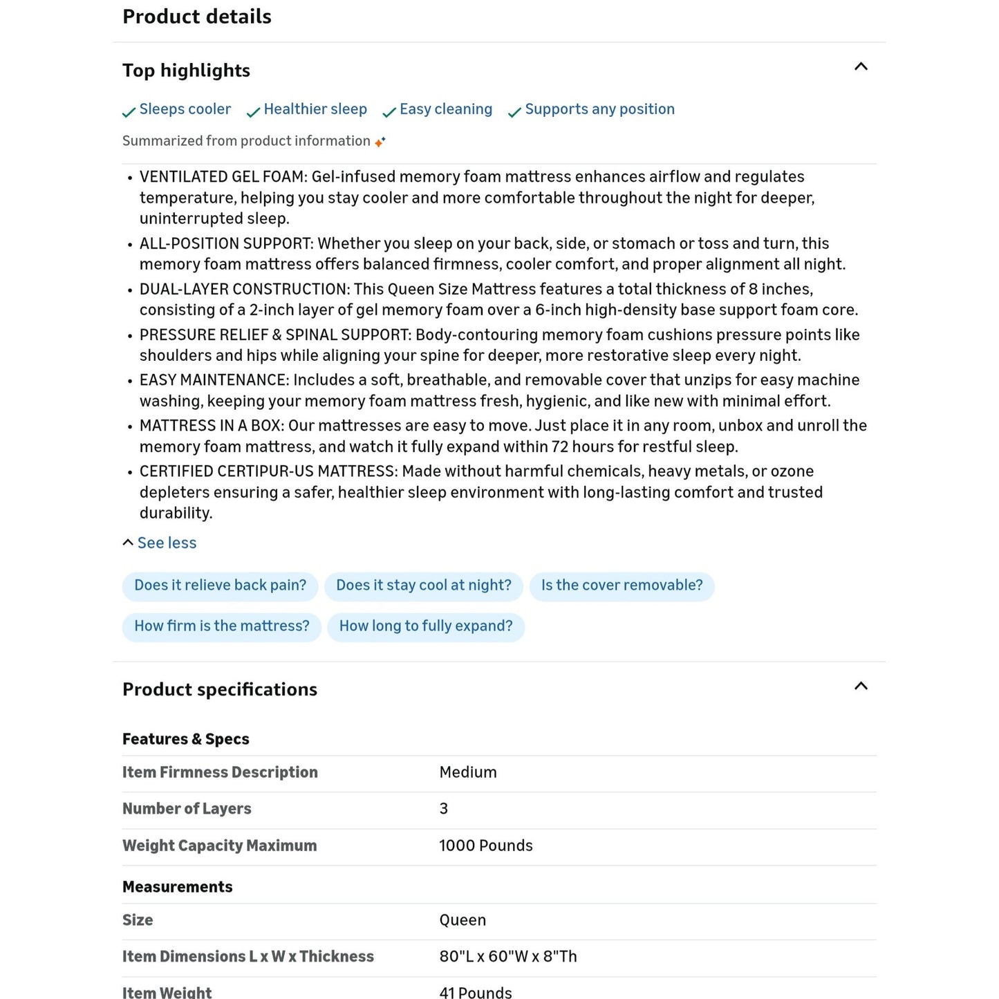 FDW 8 Inch Queen Mattress Medium Firm Gel Memory Foam Mattress