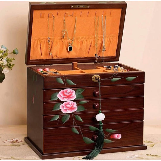 Jewelry Box Wood for Women, 5-Layer Hand-Paint jewelry holder organizer with necklace hanger,