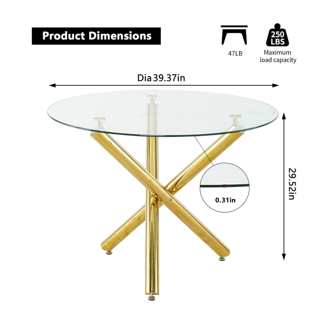 yeag 39 Inch Round Glass Dining Table for 4, Modern Dining Table with Clear Tempered Glass Tabletop