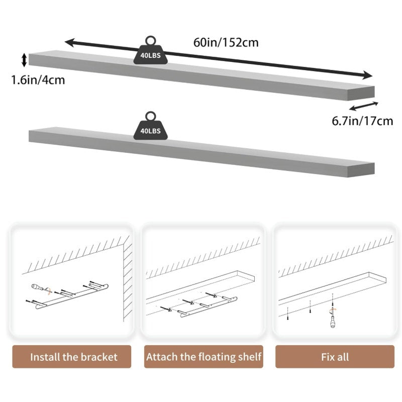 60 inch Long Floating Shelves for Wall,Solid Wood Long Shelves Set of 2