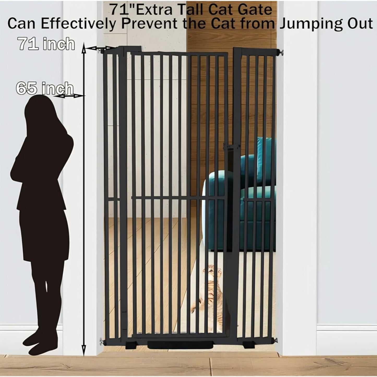 71 inch Extra Tall Gates for Cats, Adjustable 29.92" and 48.03" Wide Baby Gate, Pressure Mounted Full Door Pet Gate for Doorway, Stairs,House (Black, 71 Inch)