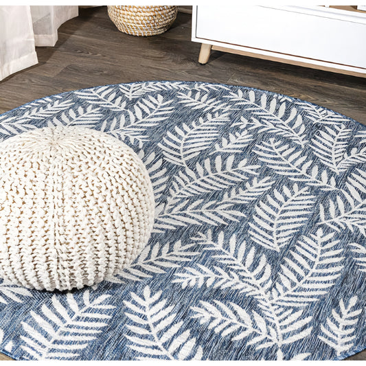 JONATHAN Y Palm Frond Indoor Outdoor Round Area Rug 5 Ft Navy/Ivory,