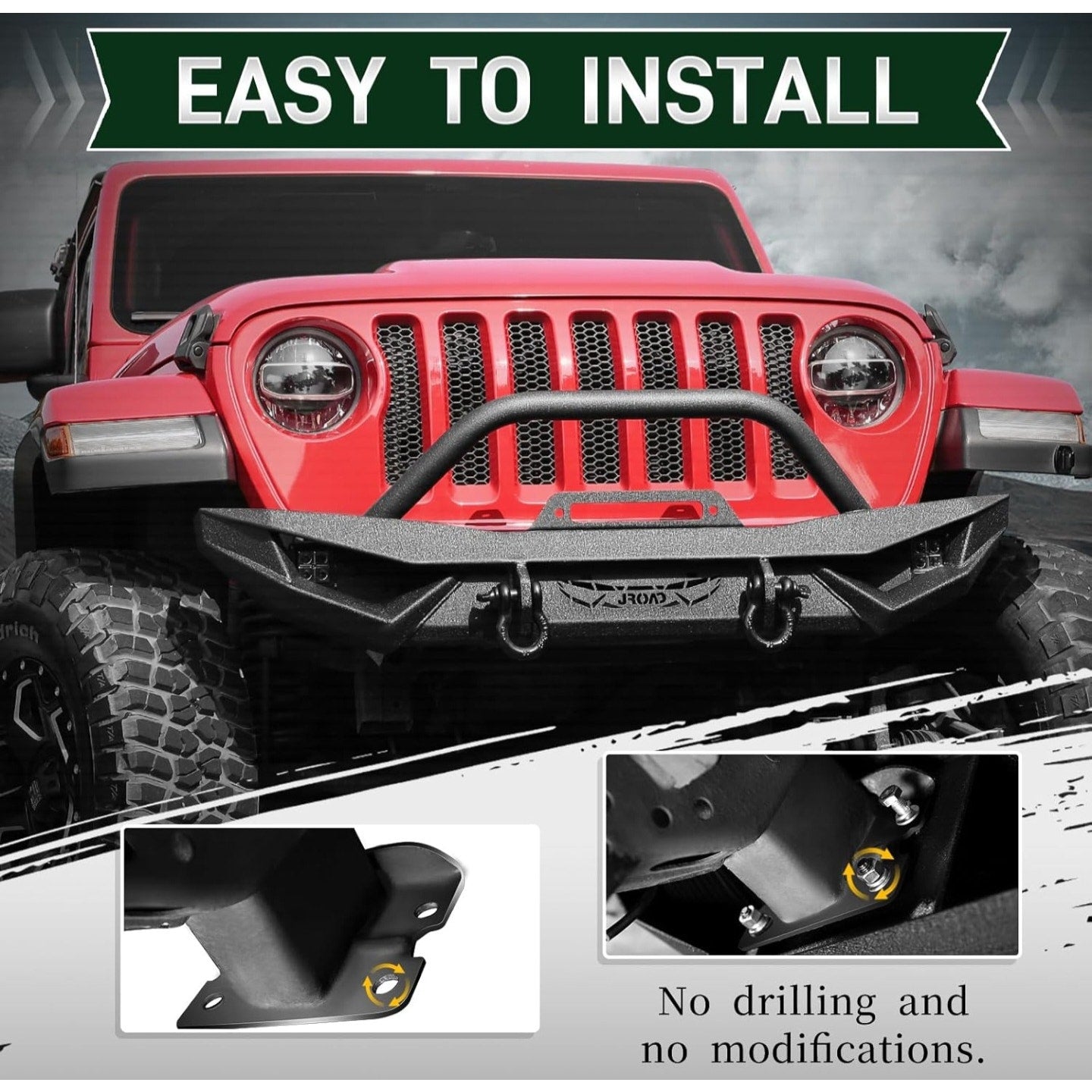 JROAD Compatible with Jeep Wrangler, Front Bumper W/LED Lights, 2 x D-Rings, Winch Plate,2018-2025J