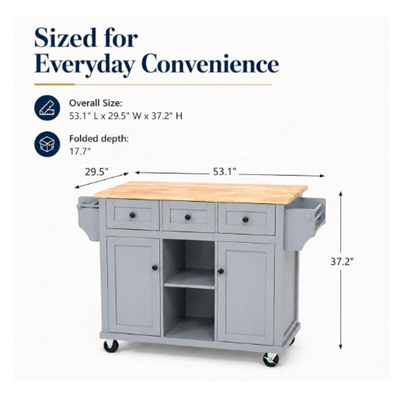 Rolling Kitchen Island with Storage and Drop Leaf, Grey Blue