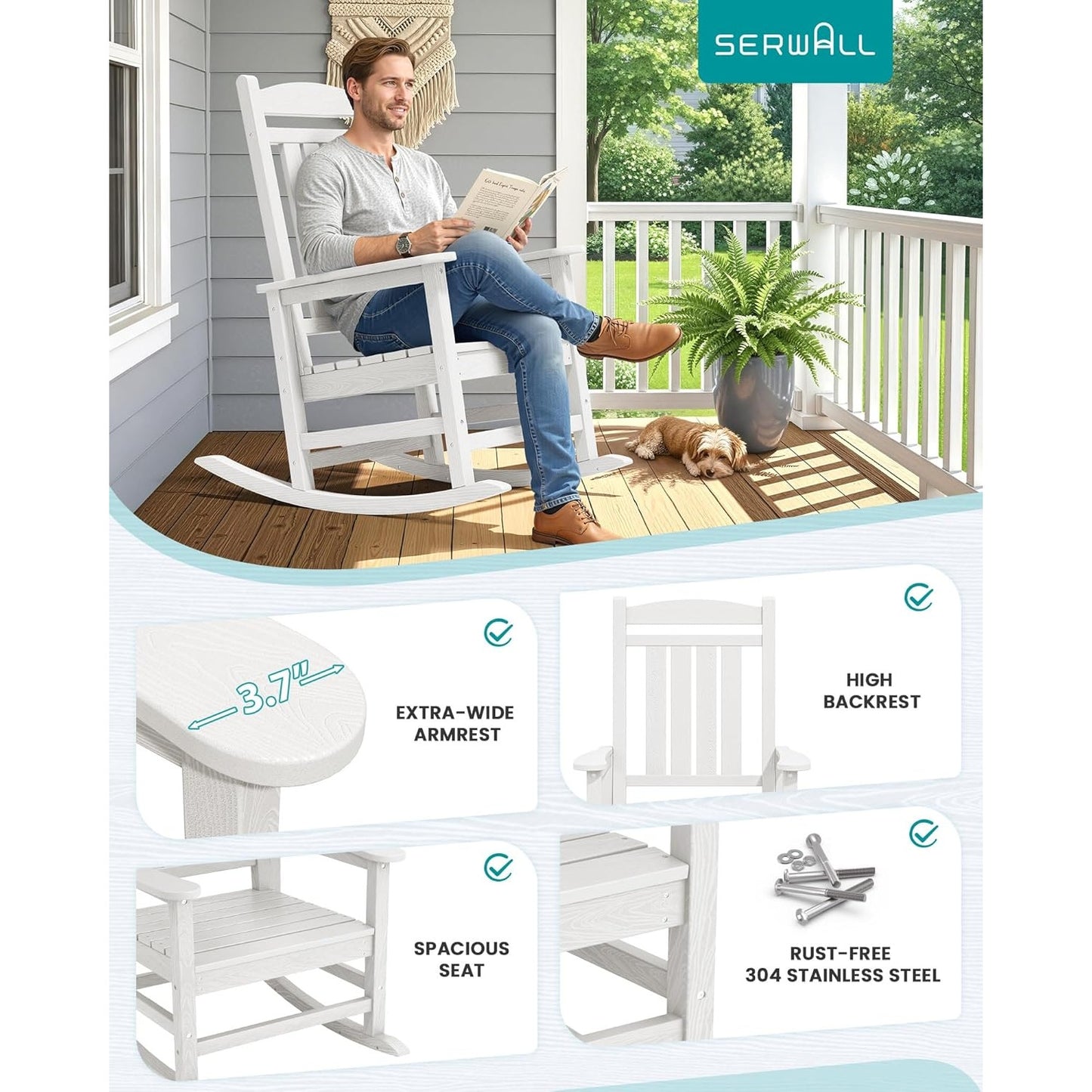 SERWALL Outdoor Rocking Chairs Set of 2, Oversized HDPE Porch Rockers for Adults