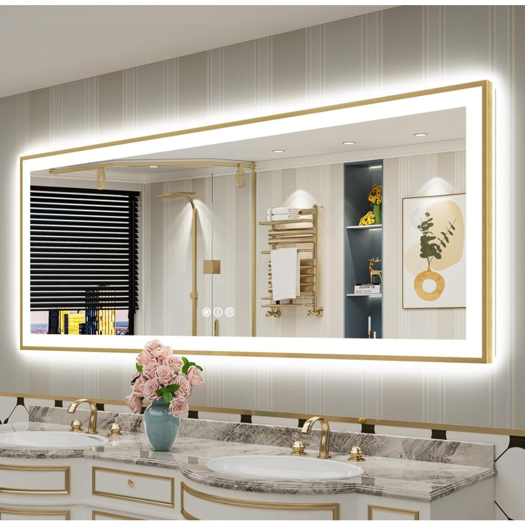 84x32 Gold Framed LED Bathroom Mirror with Lights, Backlit + Front Lit, Anti-Fog Lighted Vanity