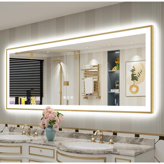 84x32 Gold Framed LED Bathroom Mirror with Lights, Backlit + Front Lit, Anti-Fog Lighted Vanity