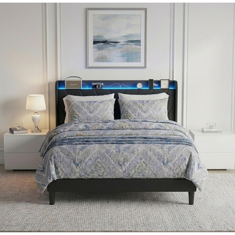 Full Size Bed Frame with Charging Station and LED Lights, Wingback Bed Frame with Headboard