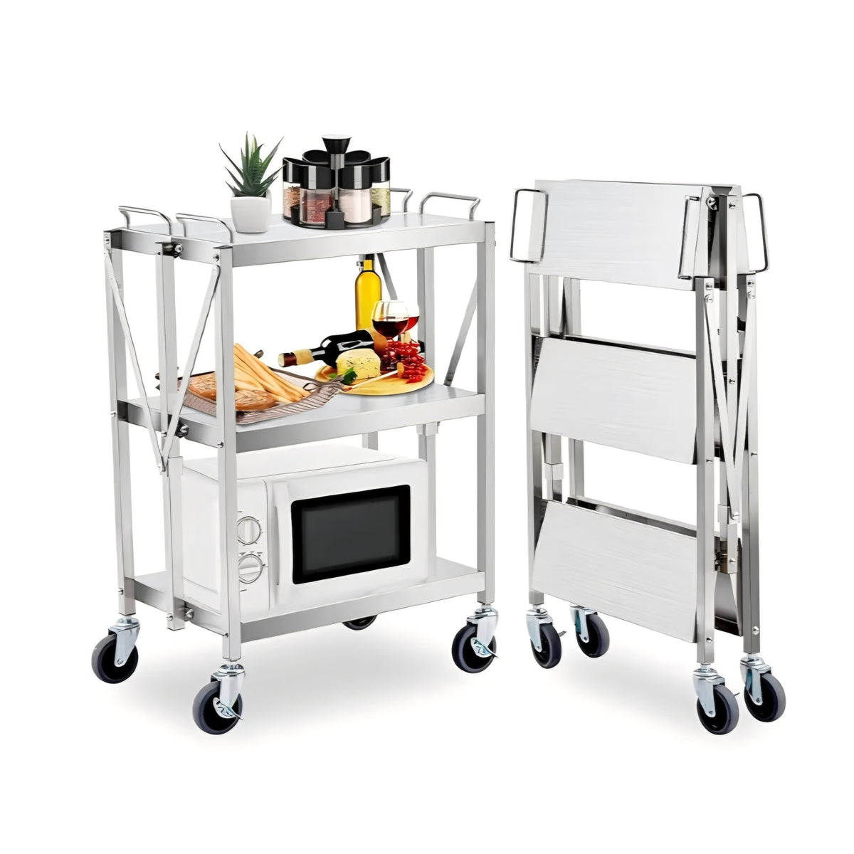 Trolley Heavy Duty Folding Utility Cart,Stainless Steel Collapsible Cart 133 Lbs Storage Rack