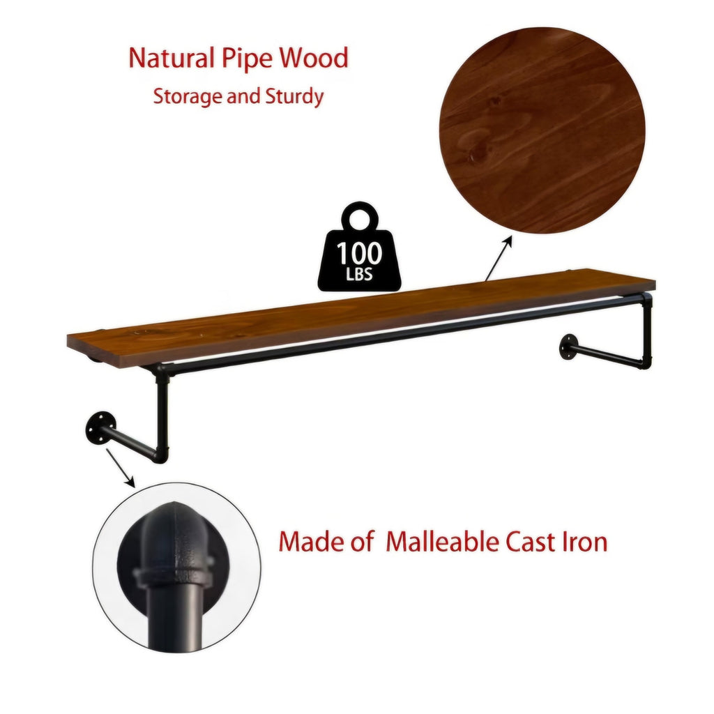 Clothes Rack 60in, Wall Mounted Garment Racks with Real Walnut Wood Shelf