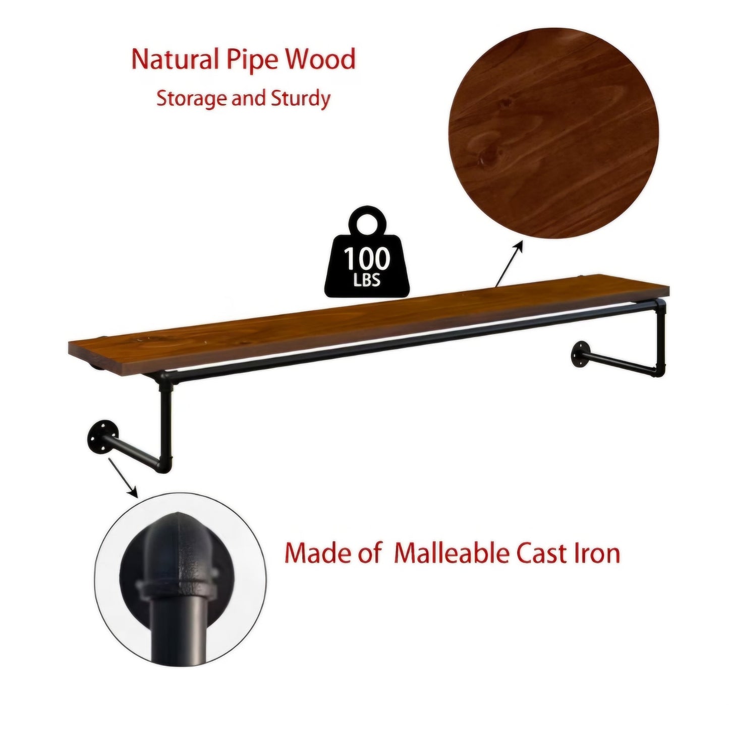 Clothes Rack 60in, Wall Mounted Garment Racks with Real Walnut Wood Shelf