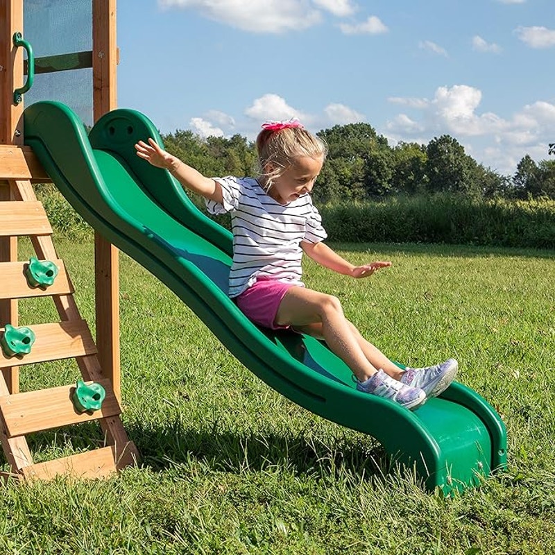 Backyard Discovery Buckley Hill Cedar Wood Swing Set, Wave Slide, Play Deck, Rock Wall Ladder, Green