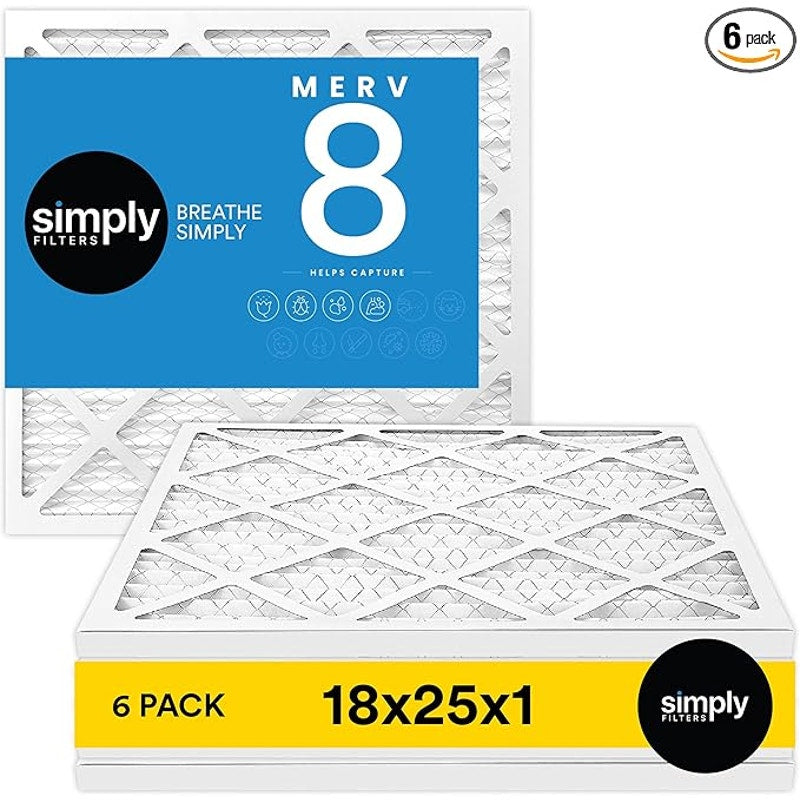 Simply 18x25x1 Air Filter, Merv 8, 6 Pack, For Home AC Furnace & HVAC. Size: 17.75"x24.75"x0.75"