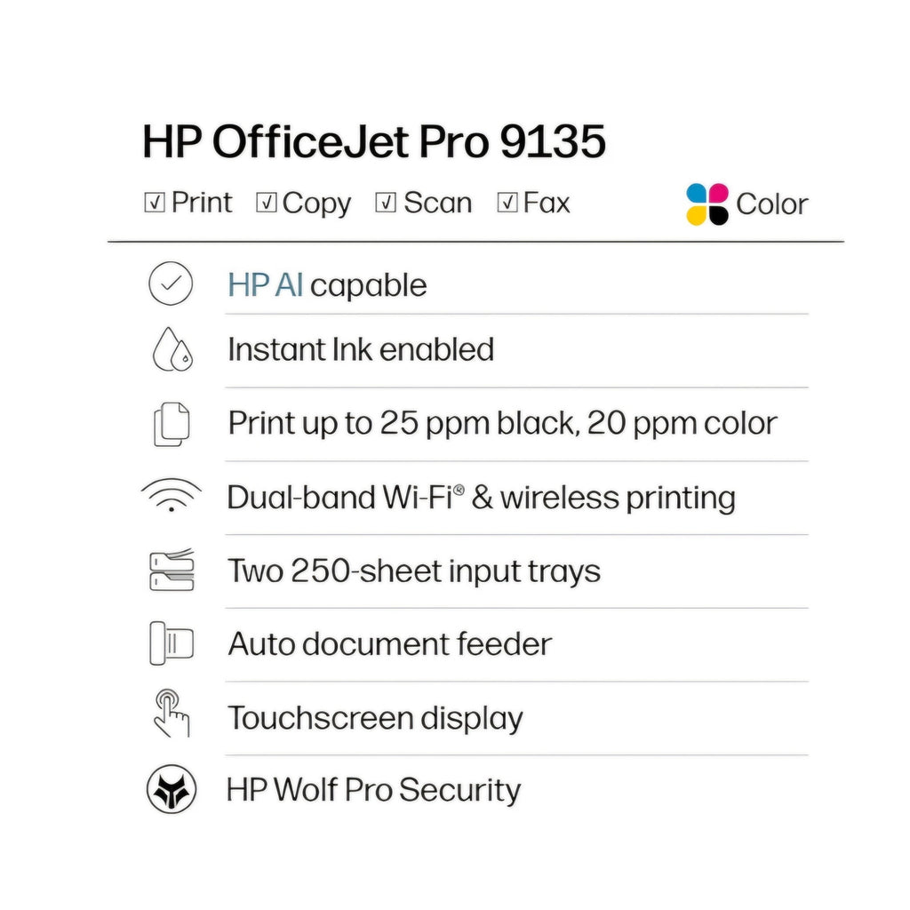 HP OfficeJet Pro 9135 Wireless All-in-One Color Inkjet Printer, Print, Scan, Copy, Fax, ADF, Duplex