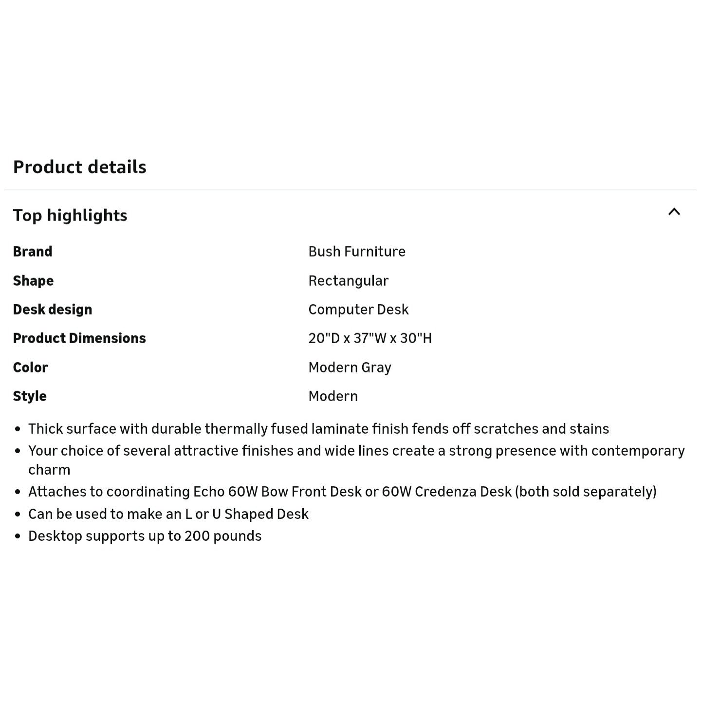 Bush Business Furniture Echo Desk Return, 36W, Modern Gray