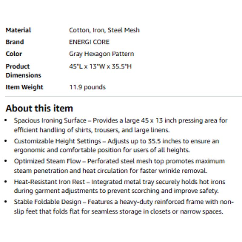 Ironing Board with Iron Rest – Full Size Foldable Board