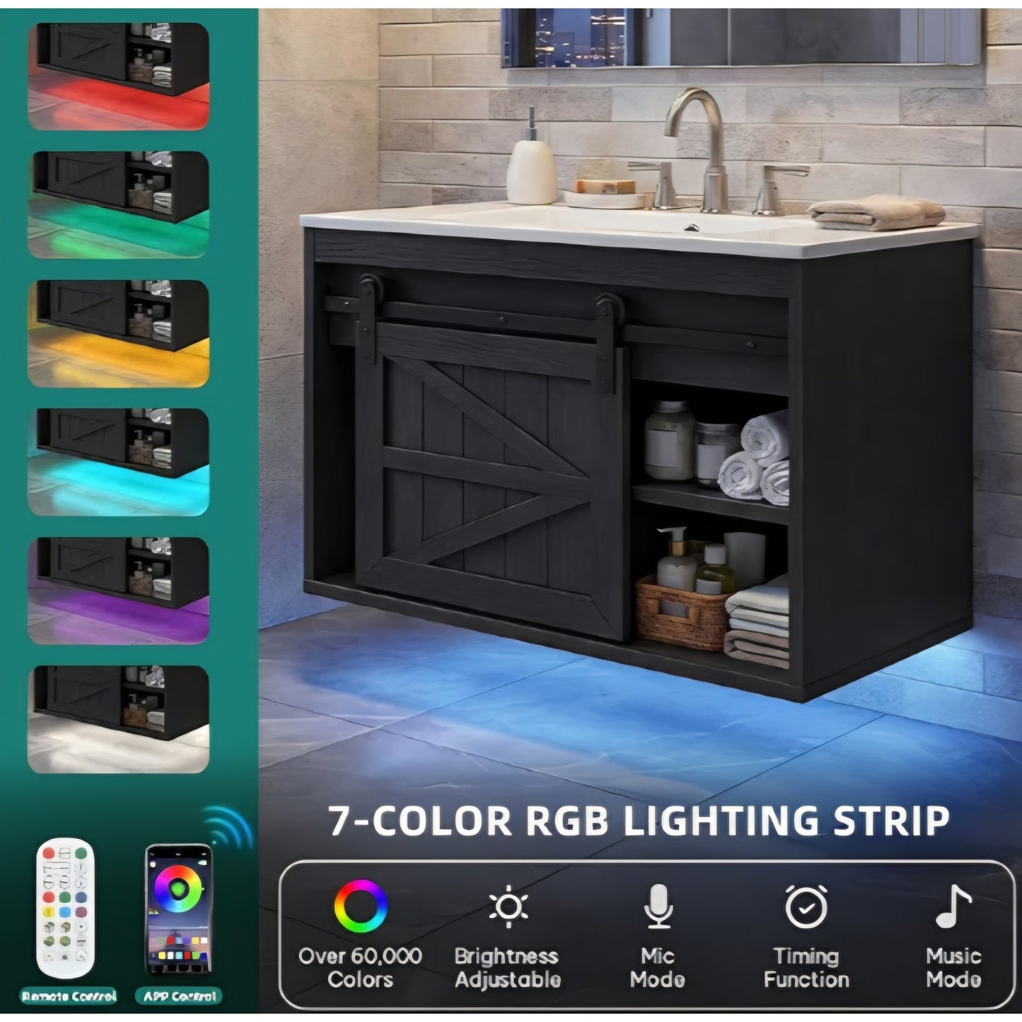 24" LED Bathroom Vanity with Sink, Farmhouse Sliding Barn Door Bathroom Cabinet