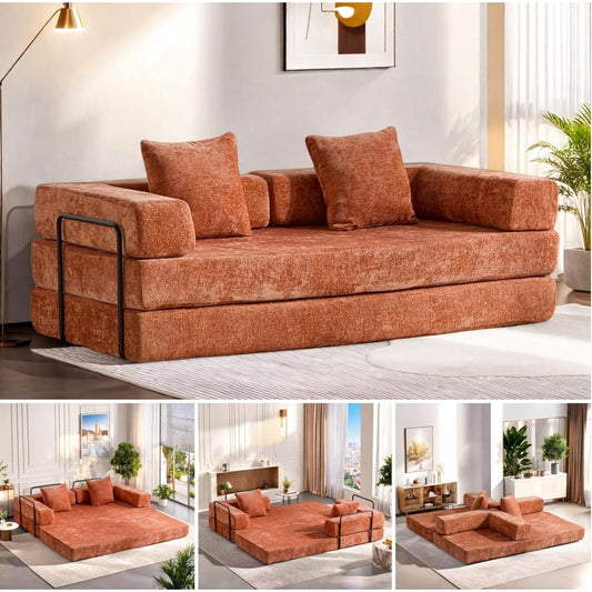 Convertible Floor Sofa Bed, Foldable Mattress Cloud Couch with Pillow Back & Armrest, Chenille Sleeper Sofa Bed with Fixed-Shape Frame, Compressed Couch for Living
