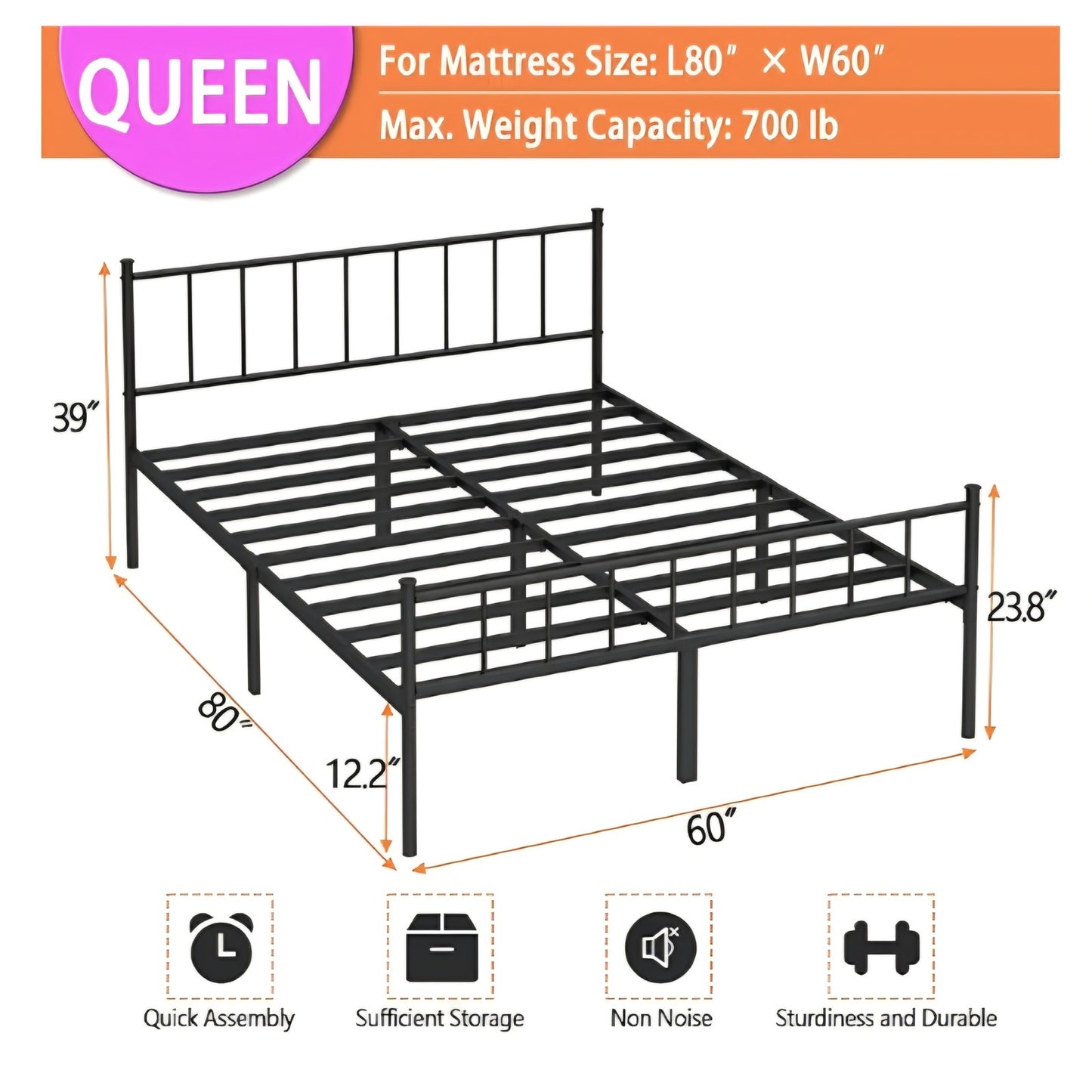 Queen Bed Frame-Classic Metal Platform Bed Frame,Mattress Foundation with Steel Slat