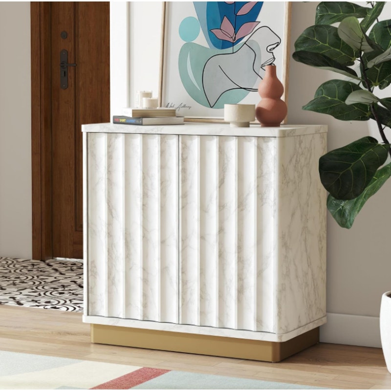 CosmoLiving by Cosmopolitan Rene Scalloped Accent Cabinet, White Faux Marble and Golden Bronze